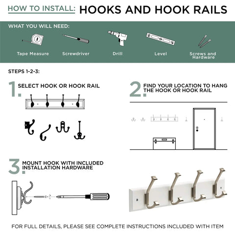 Installation guide for BBF430Z-SN-U Satin Nickel Over The Door Hook For 1-3/8 Inch Doors with tools and steps illustrated.