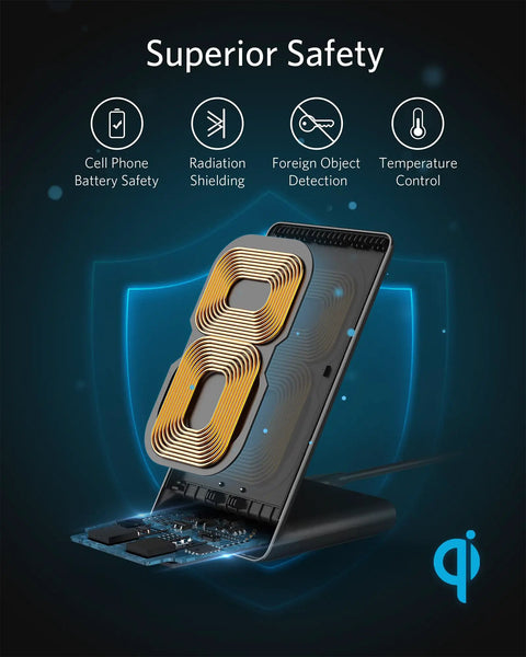 Wireless Charging Stand For Galaxy And iPhone Qi Certified 10W Fast Charging For Samsung Galaxy 7.5W For iPhone No AC Adapter Included Easy Desk Or Nightstand Setup with safety features displayed