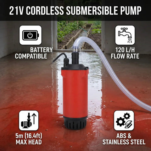 Heavy Duty Cordless Submersible Water Transfer Pump Delivers Strong 120 Liter Flow With 21V Lithium Ion Power, compact design in flooded area.