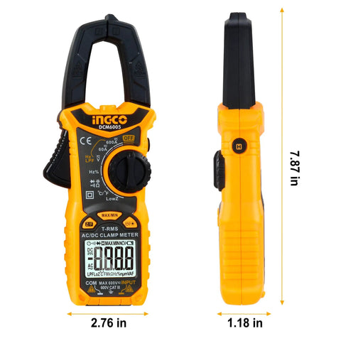Front and side view of Auto Ranging Digital Clamp Meter With TRMS 6000 Counts For Measuring AC DC Voltage And Current Resistance