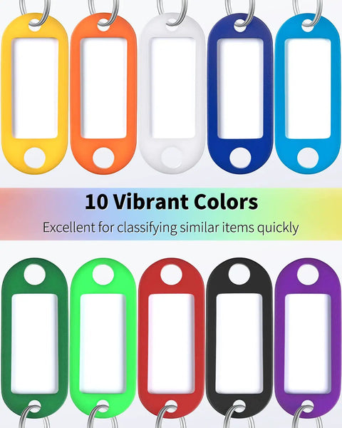 Super Tough Plastic Key Tags With Split Ring Quick Release Loop And Clear Label Window, 40 Pack Assorted Colors displayed in 10 vibrant colors.