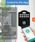 Keyless Smart Lock With Fingerprint And Passcode Plus Tuya App Control Auto Lock Fast 0.3 Second Unlock Stores Up To 100 Fingerprints Easy Do It Yourself Installation Ideal For Home Apartment And Airbnb shown with app control interface.