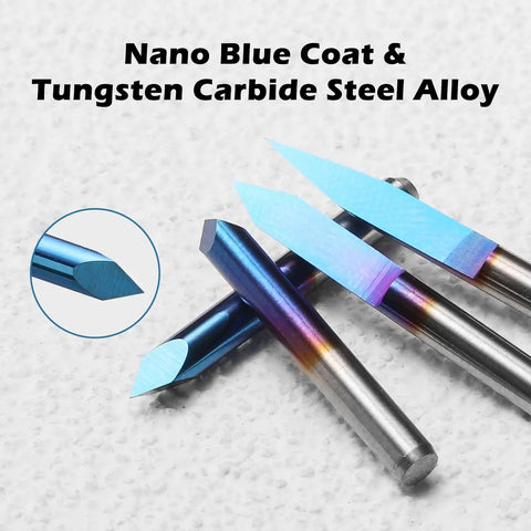 Close-up of nano-coated tungsten carbide CNC router bits showcasing angled cutting edges in blue finish. Badass Precision 10 Piece CNC Router Bit Set With 1/8 Inch Shank And Hella Durable Nano Coated V Groove Cutters For Sweet Wood Carving Sign Making And Sharp Lettering Work.