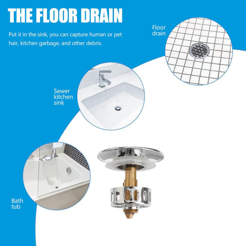 Brass Bathtub Drain Stopper with Flat Seal Push Button Replacement shown in bath and kitchen sink applications for effective drainage.