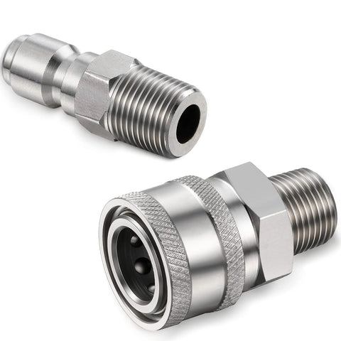 Stainless steel NPT 3/8-inch male and female quick-connect adapters for pressure washers, two adapters