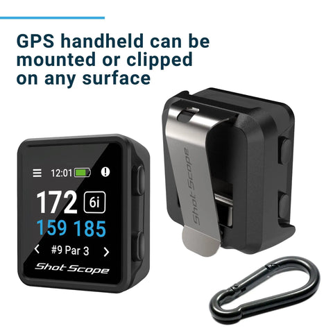 GPS Golf Handheld With Shot Tracking Front Middle And Back Green Distances And Hazards, 36,000 Plus Preloaded Courses, back view clip