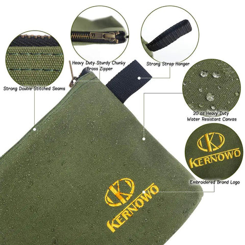 Features of Four Pack Heavy Duty Canvas Tool Pouches With Brass Zippers Water Resistant Twenty Ounce Army Green Flat Bags