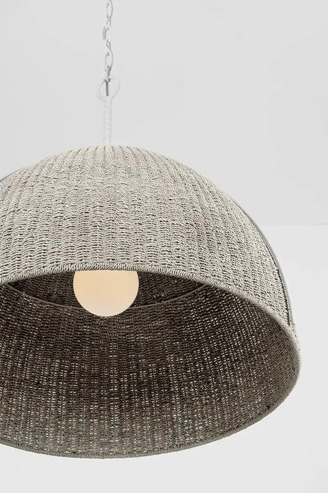 Top Shelf One Light Handwoven Dome Pendant Lamp With Vintage Gold Leaf Finish Heavy Duty Steel Customizable Hang Height Damp Rated Bathroom Ceiling Fixture Slick Organic Vibe For Any Space close-up view of woven rattan shade