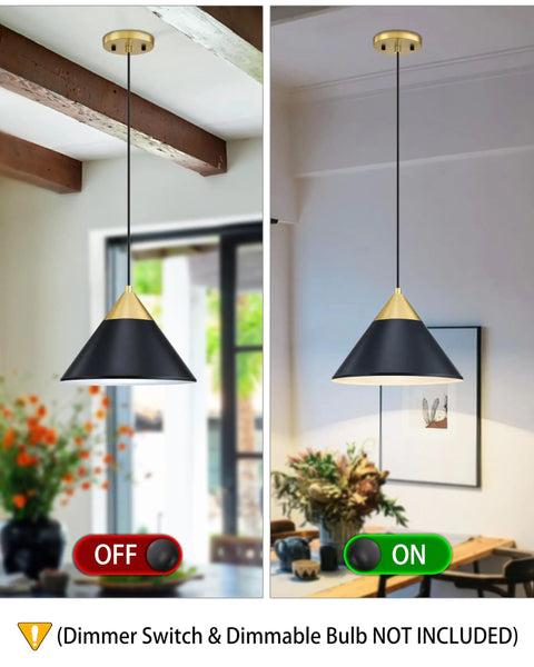Dope Modern Industrial Gold Pendant Lights 12 Inch Hanging Ceiling Fixtures Three Pack Black Finish shown on and off