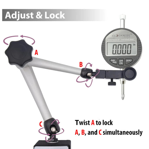 Adjustable arm and digital display of the Straight Shooter Heavy Duty Magnetic Base Digital Dial Indicator Gauge.
