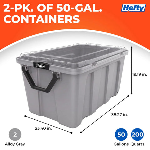 Kick Butt Heavy Duty 50 Gallon Storage Bins with Crystal Clear Lids Nesting Stackable Plastic Totes Hold All Tools Seasonal Gear and Bulky Clutter 2 Pack Grey side view with dimensions