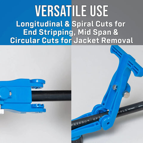 FOR-3000 Round Fiber Optic Cable Stripper on black cable, showcasing longitudinal and spiral cut features.