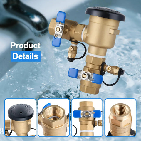 Front view of brass 3/4-inch anti-siphon pressure vacuum breaker backflow preventer for irrigation with blue handles.