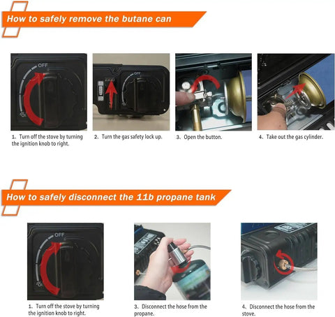 Instructions for safely removing butane and disconnecting propane on Dual Fuel Camping Stove With Wind Blocker 10000 BTU Portable