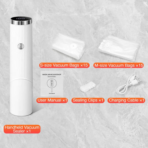 Compact Handheld Vacuum Sealer For Food With 30 Reusable Bags Portable Automatic Sealing Machine and accessories on marble surface