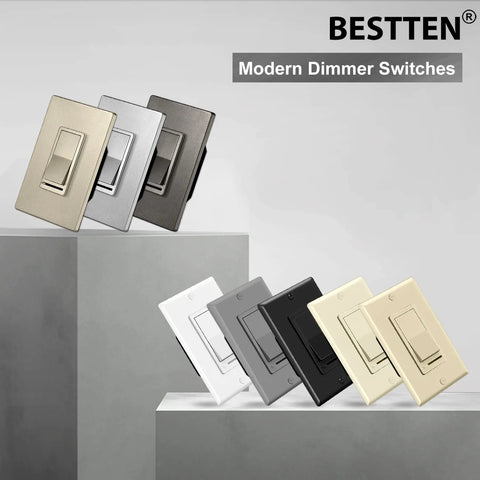 Assorted modern dimmer switches displayed on platforms, including Matte Brown Dimmer Switch Pack Of 10 For Single Pole Or 3 Way Install