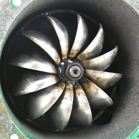 Close-up of 500W Micro Hydroelectric Water Turbine Generator Portable Power Station showing internal blades and copper windings