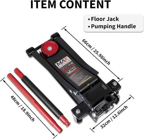 3-ton low-profile hydraulic floor jack, black; dual pistons, includes red and black pump handle rods.