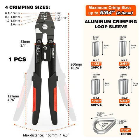 Image of Heavy Duty Wire Rope Crimping Tool Kit for 3/64, 1/16 and 5/64 inch aluminum loop sleeves, crimper sizes shown.