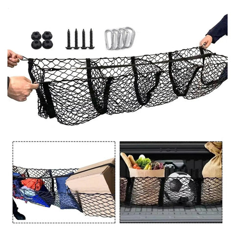 Heavy Duty 110 By 30 Cm Elastic Woven Trunk Cargo Net Secures Your Tesla Cybertruck 2024 with hooks and cargo.