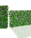 Expandable Faux Ivy Fence Privacy Screen For Balcony And Patio Outdoor Decor With Artificial Hedges Single Sided Leaves And Purple Flowers For Quick Dope Setup, showing expanded and folded views.