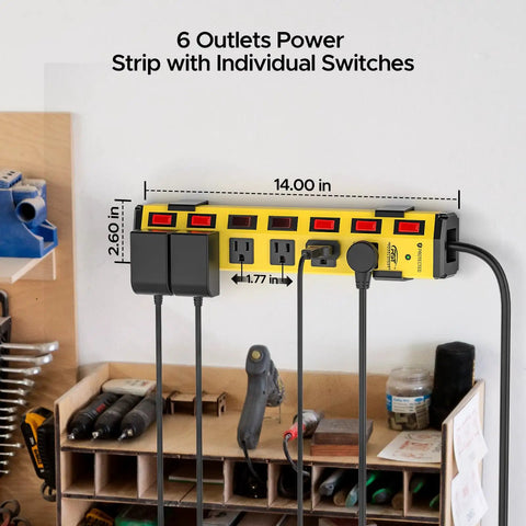 Heavy Duty Metal Power Strip With Six Individually Controlled Switches And 1.77 Inch Wide Outlet Spacing For Bulky Plugs in garage