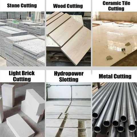Various cutting processes including stone, wood, ceramic tile, light brick, hydropower slotting, and metal cutting.