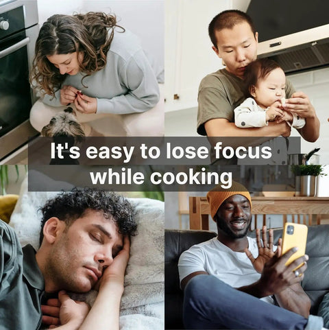 Collage showing people distracted while cooking; includes a woman with dog, father with child, and a man sleeping.