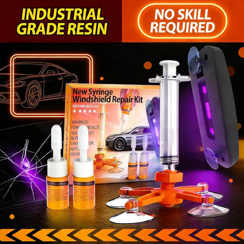 Complete Auto Windshield Repair Kit Featuring UV Curing Lamp And Sturdy Suction Tool with syringe, resin bottles, and suction cups.