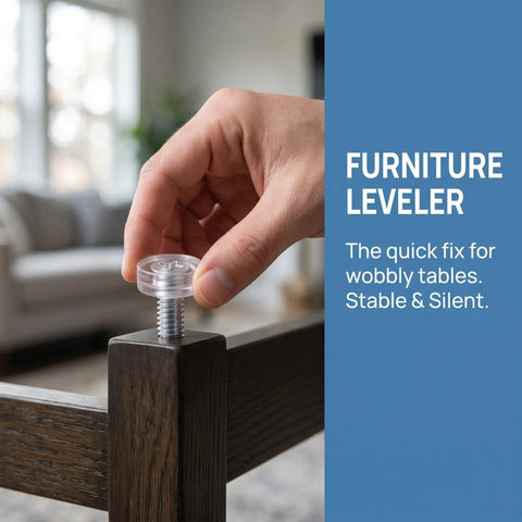 Hand adjusting 40 Pcs Adjustable M8 Threaded Furniture Feet with PVC bumpers for desk leveling, displayed near a wooden corner.