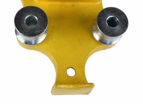 Yellow cast-iron base of BC 510 6 Inch Bench Chain Pipe Vise For Mounting On Truck Bumper Or Workbench with metal fixtures