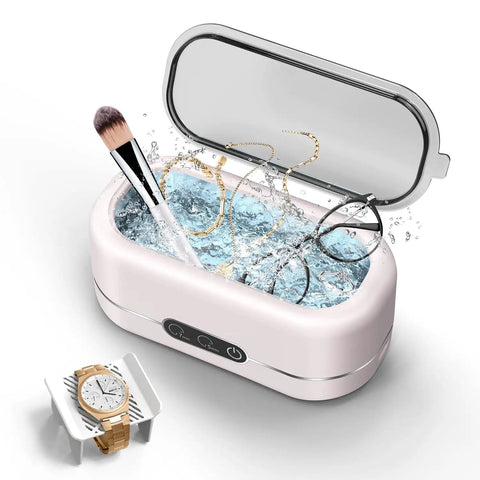 Upgraded 48KHz Ultrasonic Jewelry Cleaner Machine With 304 Stainless Steel Tank for deep cleaning of jewelry and eyeglasses in pink finish.