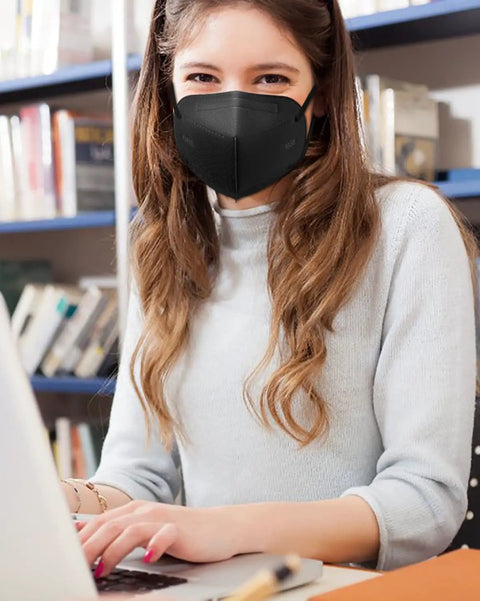 Woman wearing Black Five Layer KN95 Face Mask Cup Design For Dust Protection Breathable And Comfy With Elastic Ear Loops