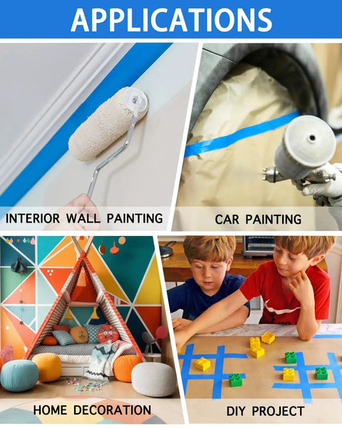 Various applications of Pro-Grade Blue Painter Tape 0.94 Inch, 18 Rolls, on walls, car, home decor, and DIY projects.