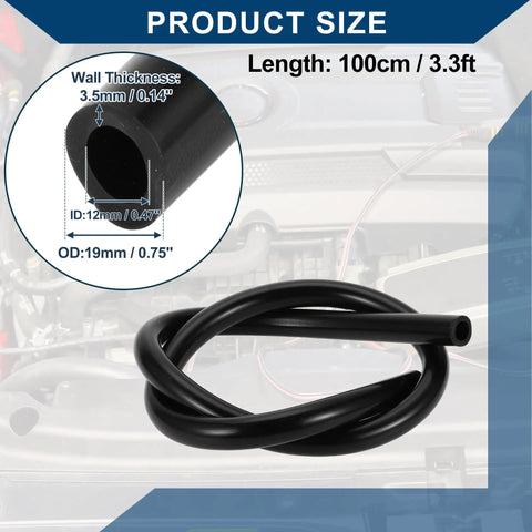 Beefy Silicone Vacuum Hose High Temp Automotive Vacuum Line Three Point Three Feet Long Twelve Millimeter Inner Diameter Three Point Five Millimeter Thick Black demonstrating product size with specifications