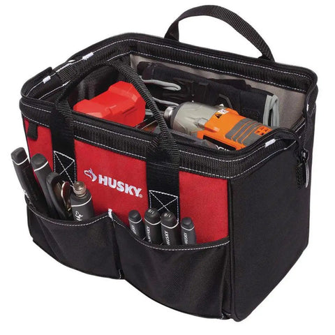 Red Tool Bag Set With 18 Inch, 15 Inch, And 12 Inch Bags, Zippered Tops And Shoulder Strap, filled with assorted tools and heavy duty construction