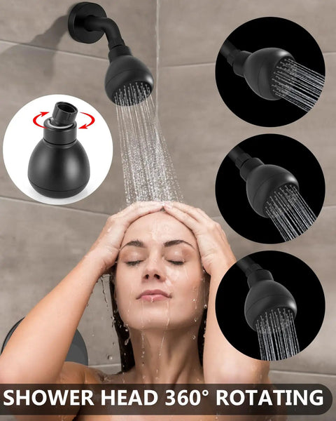 Matte Black Shower Faucet Set With Rough In Valve And Shower Head Crafted From Sus304 Stainless Steel and Solid Brass, 360° rotating shower head in use.