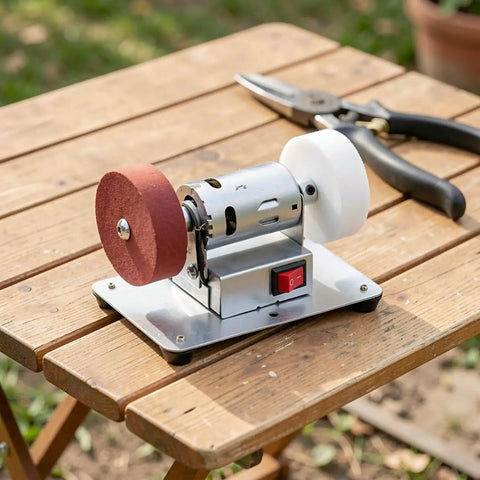Compact Desktop Sanding And Polishing Machine With Easy As Pie Plug And Go Setup on a wooden table with tools nearby.