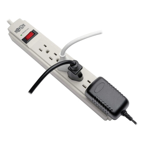 Must Have Surge Protector Power Strip With Six Outlets, Eight Foot Cord, 990 Joule Rating, Flat Plug, 120V Gray with plugged devices