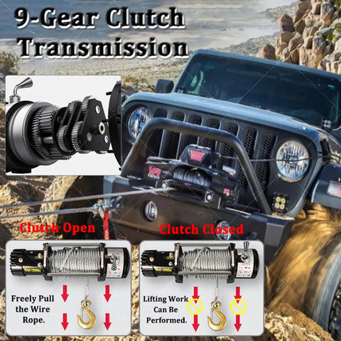 Heavy Duty Electric Winch Kit Pulls 6000 Lbs On Trucks And Jeeps With 24V Power, showing 9-gear clutch transmission and winch details.
