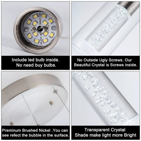 Slick Modern 5 Light Pendant Ceiling Light detailing LED bulb, brushed nickel finish, and crystal shade for kitchen and dining areas.