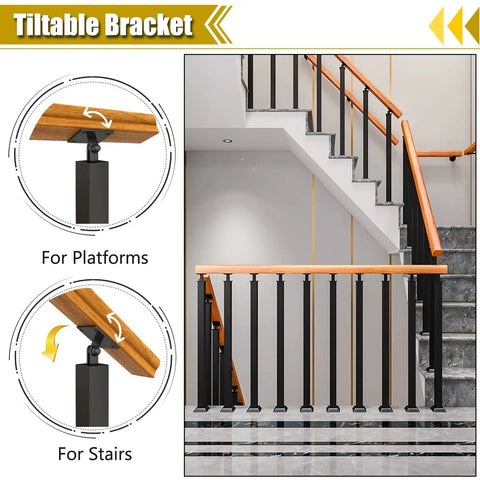 Step Up Your Game With These Next Level Wrought Iron Railing Spindles, Heavy Duty Floor Mount Posts, Rust Proof Powder Coated Finish, Set Of 10, Built Like A Tank For Stairs And Decks, 440 Lb Load Rating, shown in interior staircase with tiltable brackets for mounting.