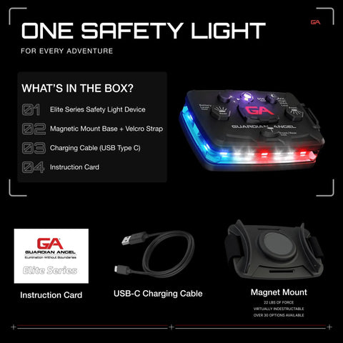 Elite Hands Free Safety Light With Infrared Hybrid Beams Front Red Blue White And Rear Red Blue Rechargeable Magnetic Wearable Flashlight, box contents including USB-C cable and mount