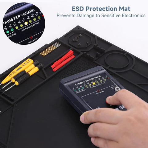 Silicone Soldering Mat With Stand, 20x14 Inch ESD Safe Anti Static Workbench Pad with tools and tester, heat resistant.