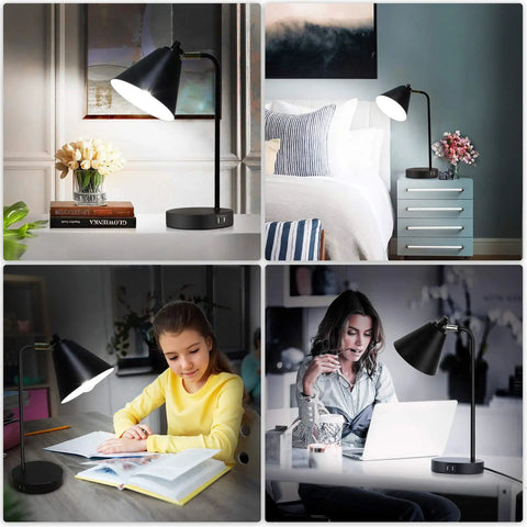 Collage of a 3 Way Dimmable Touch Desk Lamp With 2 USB Ports And AC Outlet, used in bedroom, study, and office settings.