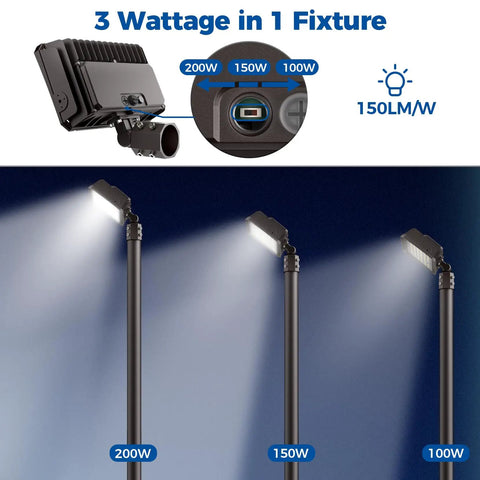 Switchable 100W 150W 200W LED Parking Lot Light With Dusk To Dawn Sensor, adjustable wattage shown in diagram