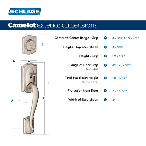 Camelot Front Entry Handleset With Accent Lever In Aged Bronze Keyed Deadbolt dimensions and specifications chart.