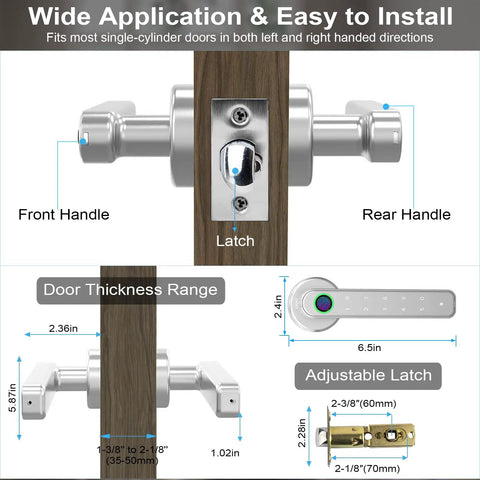 Diagram showing 3 In 1 Smart Fingerprint Door Lock with Keypad and Mechanical Key, silver finish, fits door thickness 1-3/8 to 2-1/8 inches.