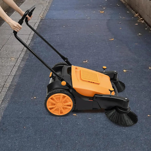 Heavy Duty Walk Behind Commercial Sweeper 41 Inches Wide Hand Push Floor Cleaner 14 Gallon Bin for sidewalk cleanup.