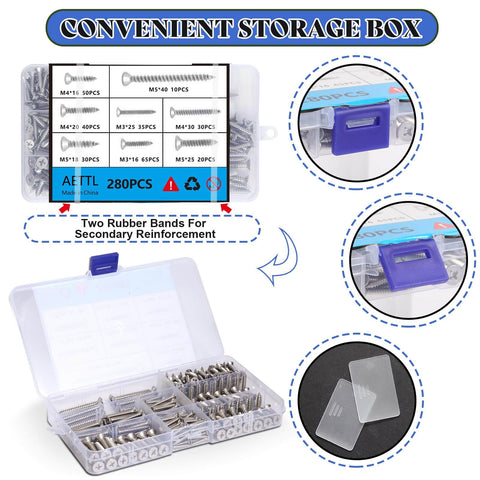 Value Packed 280 Pieces Wood Screws Set In M5 M4 M3 Sizes Flat Head Stainless Steel Self Tapping Deck Door Cabinet Hardware Kit Rust Resistant Great For DIY Projects And Outdoor Furniture in storage case.